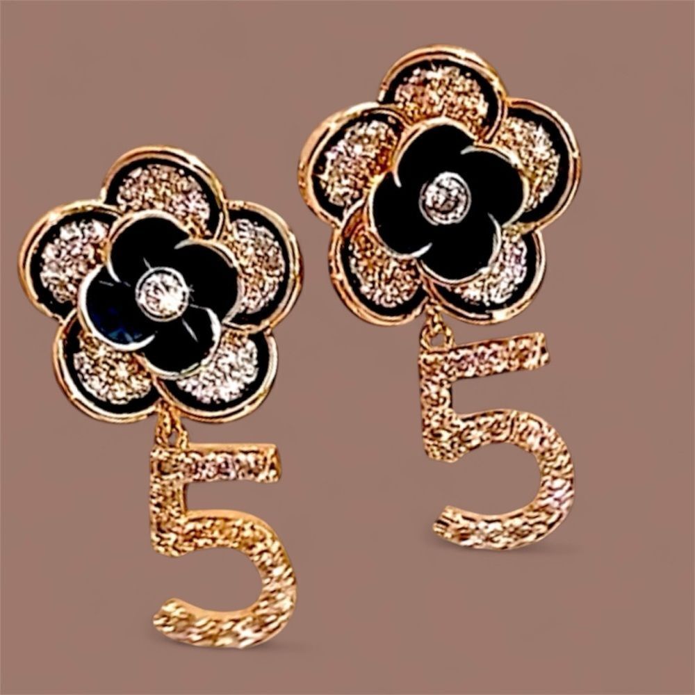 Number 5 Black and Gold Flower stud Earrings.